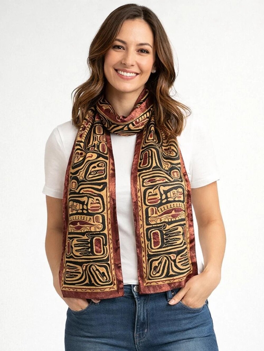 Clifton Fred Magenta 2001 Bear Box Tribal Design in Copper Oblong Scarf 60"x13"